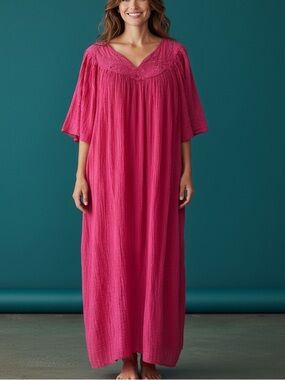 Vtg 80s Pink Gauze Caftan Beach Dress OS Embroidered Cotton Blend Sun Faded